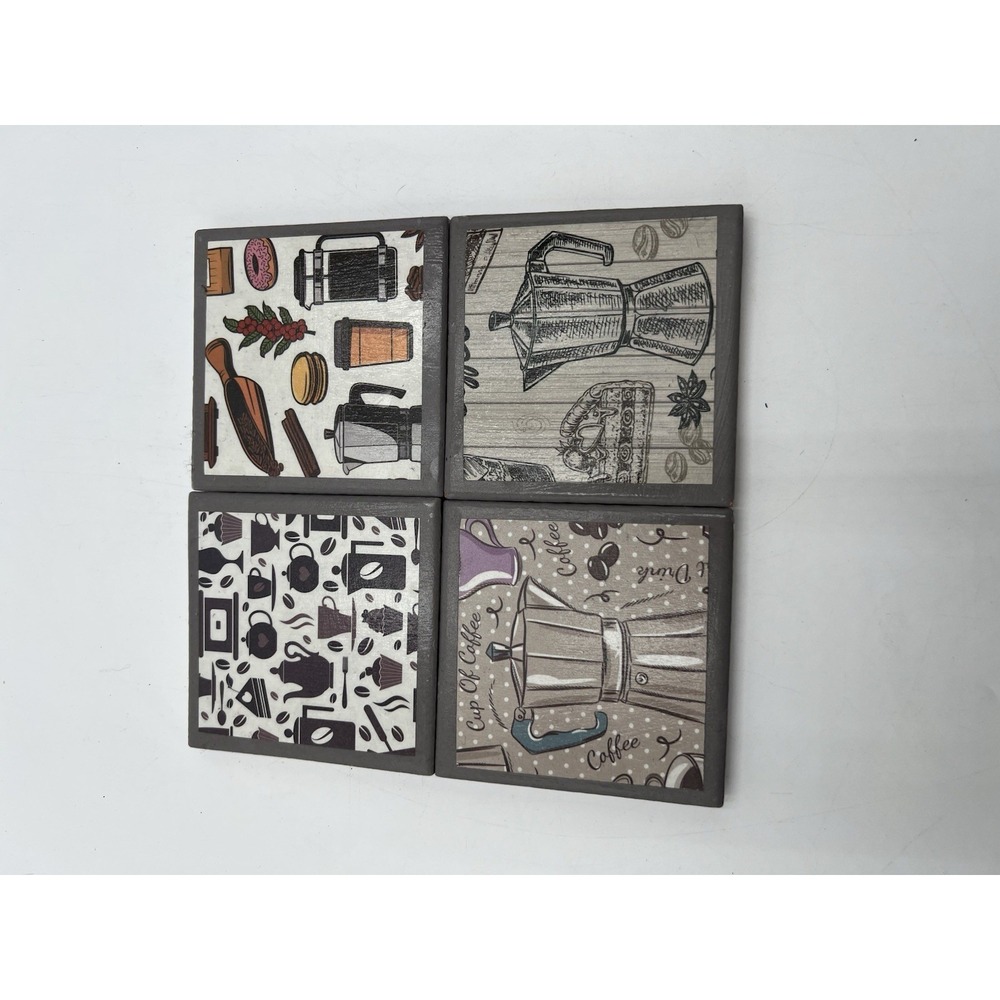 Handmade Coffee Tile Coasters Set 4 Hand Painted Rustic Kitchen Decor